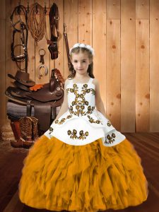  Gold Ball Gowns Straps Sleeveless Organza Floor Length Lace Up Embroidery and Ruffles Pageant Gowns For Girls