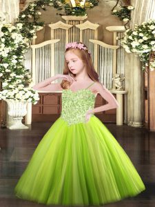 Latest Yellow Green Girls Pageant Dresses Party and Quinceanera with Appliques Spaghetti Straps Sleeveless Lace Up