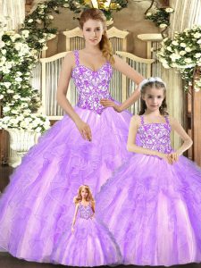 Modern Straps Sleeveless Lace Up Quinceanera Gown Lilac Organza