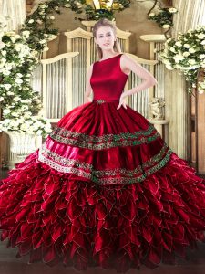 Classical Scoop Sleeveless 15 Quinceanera Dress Floor Length Ruffled Layers Wine Red Satin and Organza