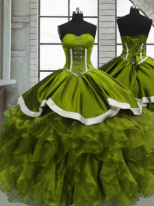 Glorious Olive Green Ball Gowns Organza Sweetheart Sleeveless Beading and Ruffles Floor Length Lace Up Quinceanera Dress