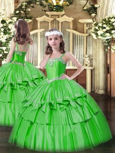  Green Ball Gowns Straps Sleeveless Organza and Taffeta Floor Length Lace Up Beading and Ruffled Layers Kids Formal Wear
