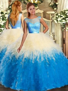 Popular Multi-color Vestidos de Quinceanera Sweet 16 and Quinceanera with Lace and Ruffles Scoop Sleeveless Backless
