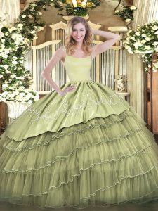 Best Selling Floor Length Olive Green Quinceanera Gowns Straps Sleeveless Zipper
