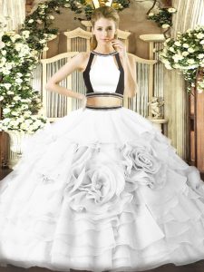 Simple White Sleeveless Ruffled Layers Floor Length 15th Birthday Dress
