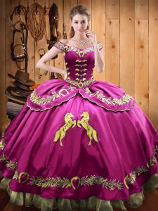 Enchanting Fuchsia Sweet 16 Quinceanera Dress Sweet 16 and Quinceanera with Beading and Embroidery Off The Shoulder Sleeveless Lace Up