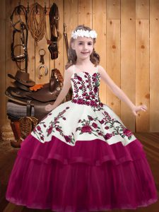 Perfect Fuchsia Straps Lace Up Embroidery Kids Formal Wear Sleeveless