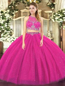  Fuchsia Sweet 16 Dress Military Ball and Sweet 16 and Quinceanera with Beading Scoop Sleeveless Zipper