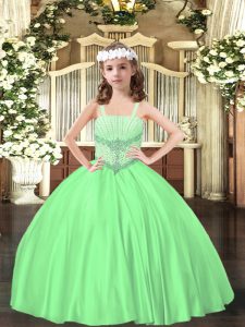  Green Lace Up Straps Beading Pageant Gowns For Girls Satin Sleeveless