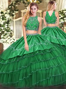 Chic Green Two Pieces Beading and Embroidery and Ruffled Layers 15th Birthday Dress Zipper Tulle Sleeveless Floor Length