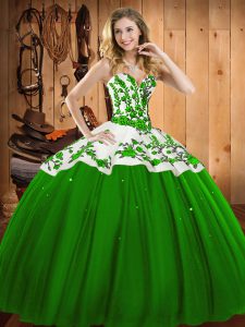 Trendy Satin and Tulle Sweetheart Sleeveless Lace Up Appliques and Embroidery Quince Ball Gowns in Green