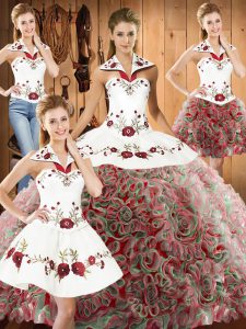 Eye-catching Fabric With Rolling Flowers Sleeveless Vestidos de Quinceanera Sweep Train and Embroidery