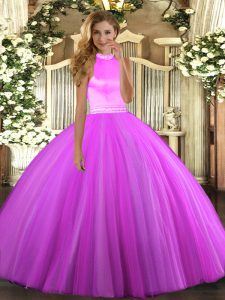  Floor Length Rose Pink and Lilac Sweet 16 Quinceanera Dress Halter Top Sleeveless Backless
