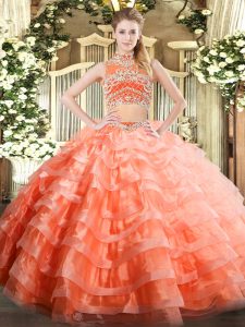 Free and Easy Beading and Ruffled Layers Vestidos de Quinceanera Orange Red Backless Sleeveless Floor Length