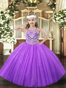 Super Lavender Lace Up Straps Beading Party Dress Tulle Sleeveless