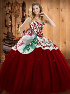  Wine Red Sweetheart Lace Up Embroidery Sweet 16 Dresses Sleeveless