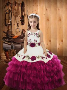 Elegant Organza Straps Sleeveless Lace Up Embroidery and Ruffled Layers Little Girls Pageant Gowns in Fuchsia