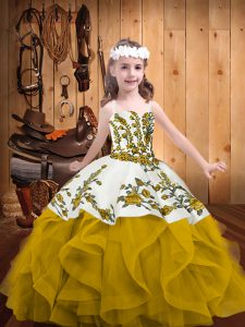  Gold Ball Gowns Organza Straps Sleeveless Embroidery and Ruffles Floor Length Lace Up Kids Formal Wear
