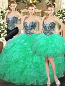  Sleeveless Floor Length Beading and Ruffles Lace Up 15 Quinceanera Dress with Turquoise
