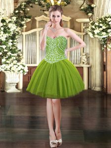 Low Price Mini Length Olive Green Prom Gown Tulle Sleeveless Beading