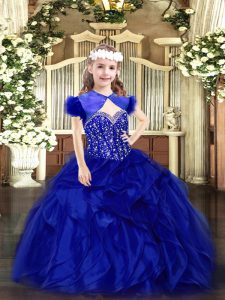  Royal Blue Straps Neckline Beading and Ruffles Little Girls Pageant Dress Wholesale Sleeveless Lace Up