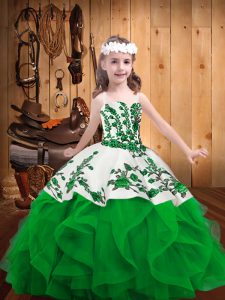  Green Little Girl Pageant Dress Sweet 16 and Quinceanera with Embroidery and Ruffles Straps Sleeveless Lace Up