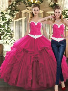  Sleeveless Tulle Floor Length Lace Up Quinceanera Gown in Fuchsia with Ruffles