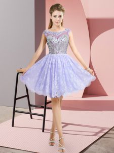 Fancy Mini Length Backless Prom Evening Gown Lavender for Prom and Party with Beading