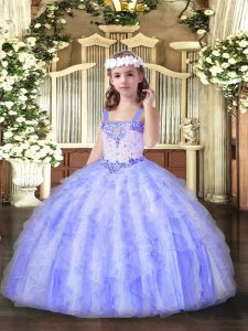 New Arrival Floor Length Lavender Womens Party Dresses Organza Sleeveless Beading and Ruffles