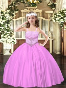 Adorable Lilac Satin Lace Up Straps Sleeveless Floor Length Little Girl Pageant Dress Beading