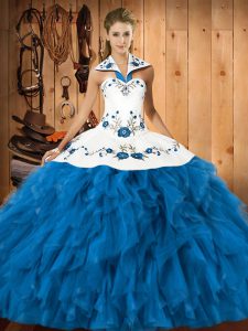Shining Floor Length Teal Sweet 16 Dress Satin and Organza Sleeveless Embroidery and Ruffles