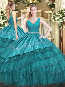  Floor Length Teal Quince Ball Gowns Satin and Organza Sleeveless Embroidery and Ruffled Layers