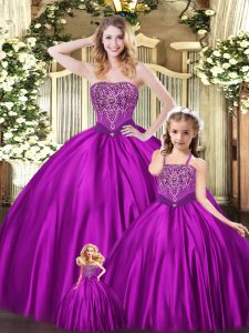 Top Selling Strapless Sleeveless Quince Ball Gowns Floor Length Beading Eggplant Purple Organza