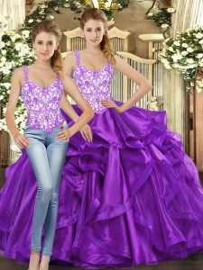 Customized Eggplant Purple Sleeveless Beading and Ruffles Floor Length Quinceanera Gowns