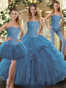 Designer Sleeveless Tulle Floor Length Lace Up Vestidos de Quinceanera in Teal with Beading and Ruffles