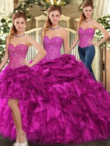 Affordable Fuchsia Sweetheart Lace Up Beading and Ruffles Quince Ball Gowns Sleeveless