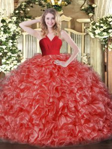  Ruffles Ball Gown Prom Dress Red Zipper Sleeveless Floor Length