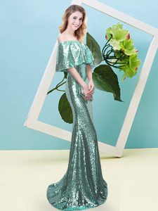 Glorious Apple Green Off The Shoulder Zipper Sequins Dress for Prom Half Sleeves