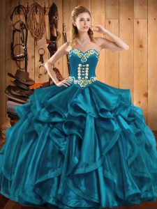 Flare Sleeveless Embroidery and Ruffles Lace Up 15th Birthday Dress