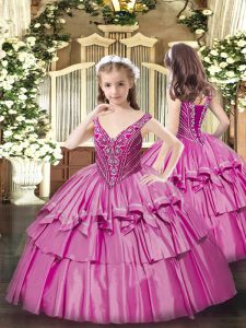 Gorgeous V-neck Sleeveless Organza Juniors Party Dress Beading and Ruffled Layers Lace Up