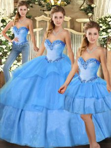 Superior Baby Blue Sweet 16 Dress Military Ball and Sweet 16 and Quinceanera with Beading and Ruffled Layers Sweetheart Sleeveless Lace Up