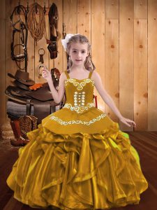 Enchanting Ball Gowns Little Girls Pageant Dress Gold V-neck Organza Sleeveless Floor Length Lace Up