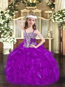 Purple Organza Lace Up Straps Sleeveless Floor Length Kids Pageant Dress Beading and Ruffles