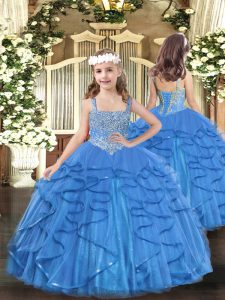 Unique Baby Blue Mermaid Beading and Ruffles Little Girls Pageant Dress Lace Up Tulle Sleeveless Floor Length