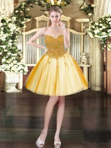 Decent Gold Sleeveless Mini Length Beading Lace Up Prom Dress