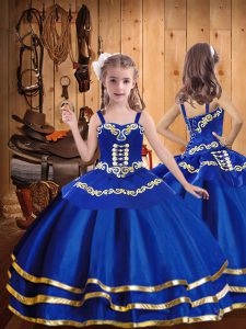  Royal Blue Lace Up Pageant Gowns For Girls Beading and Embroidery and Ruffled Layers Sleeveless Floor Length