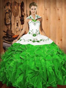 Exceptional Green Halter Top Lace Up Embroidery and Ruffles 15 Quinceanera Dress Sleeveless