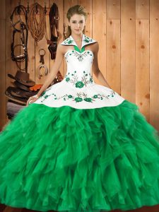Pretty Ball Gowns Vestidos de Quinceanera Green Halter Top Satin and Organza Sleeveless Floor Length Lace Up