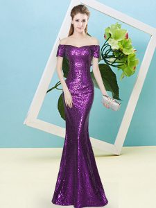 On Sale Off The Shoulder Short Sleeves Zipper Prom Evening Gown Purple Sequined