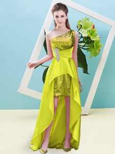  Yellow Sleeveless Elastic Woven Satin and Sequined Lace Up Prom Evening Gown for Prom and Party